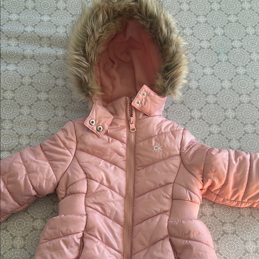 Calvin Klein Pink Puffer Jacket with Fur Hood